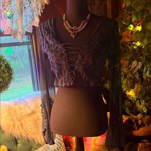 Chic Black Lace-Up Sheer Blouse